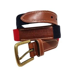 Tommy Hilfiger Vintage 90s Belt Red Blue Brown Leather Surplus Mens Size 32  USA